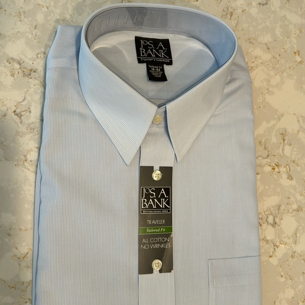 NWT JOS. A. BANK Traveler’s No wrinkle Mens Tailored Fit Dress Shirt Blue stripe